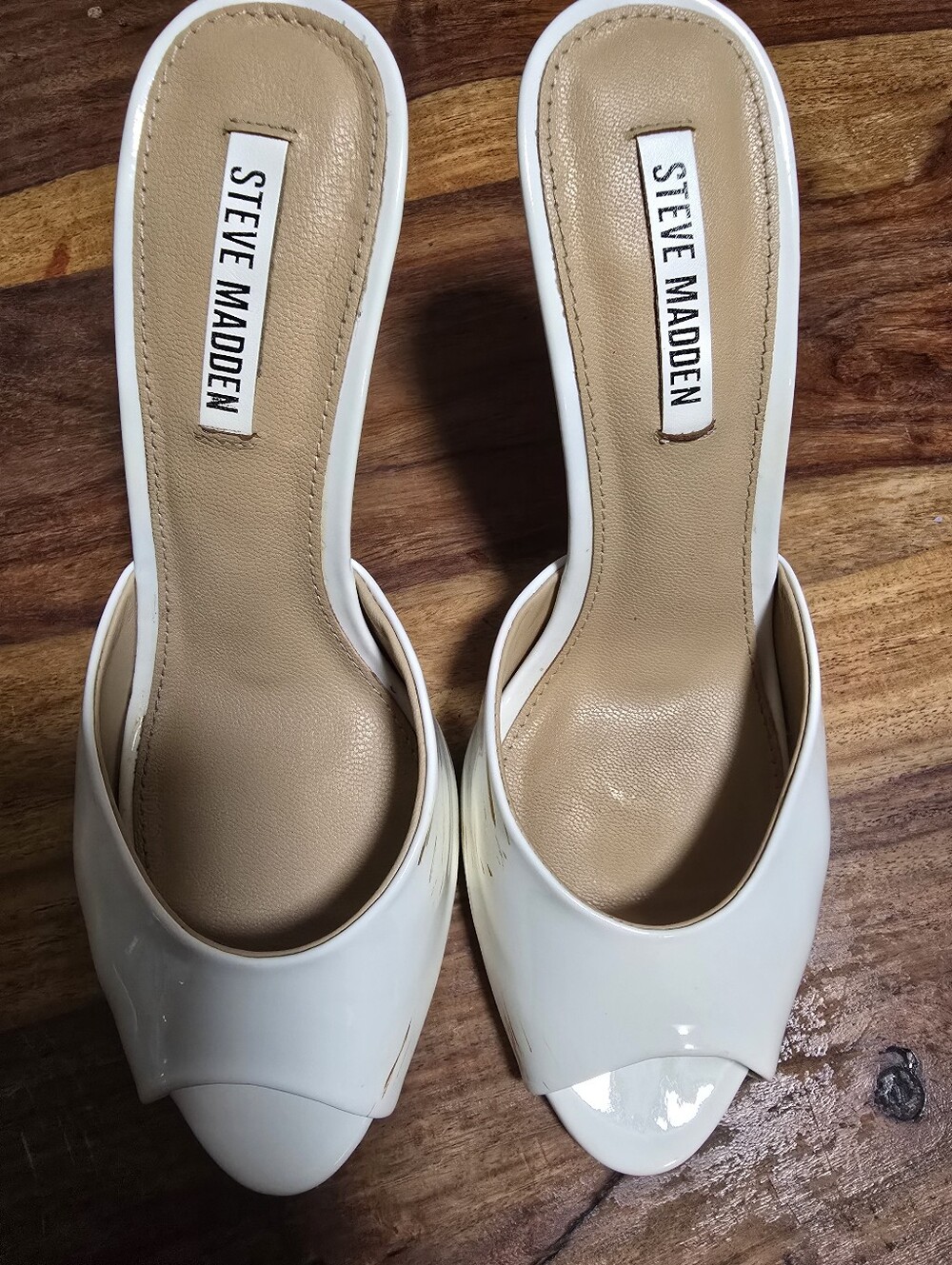 Steve Madden White Patent Open-Toe Slide Mules